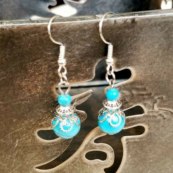 Handmade Turquoise Victorian Lace Art Nouveau Gemstone Bead Drop Earrings - Picture 1 of 7